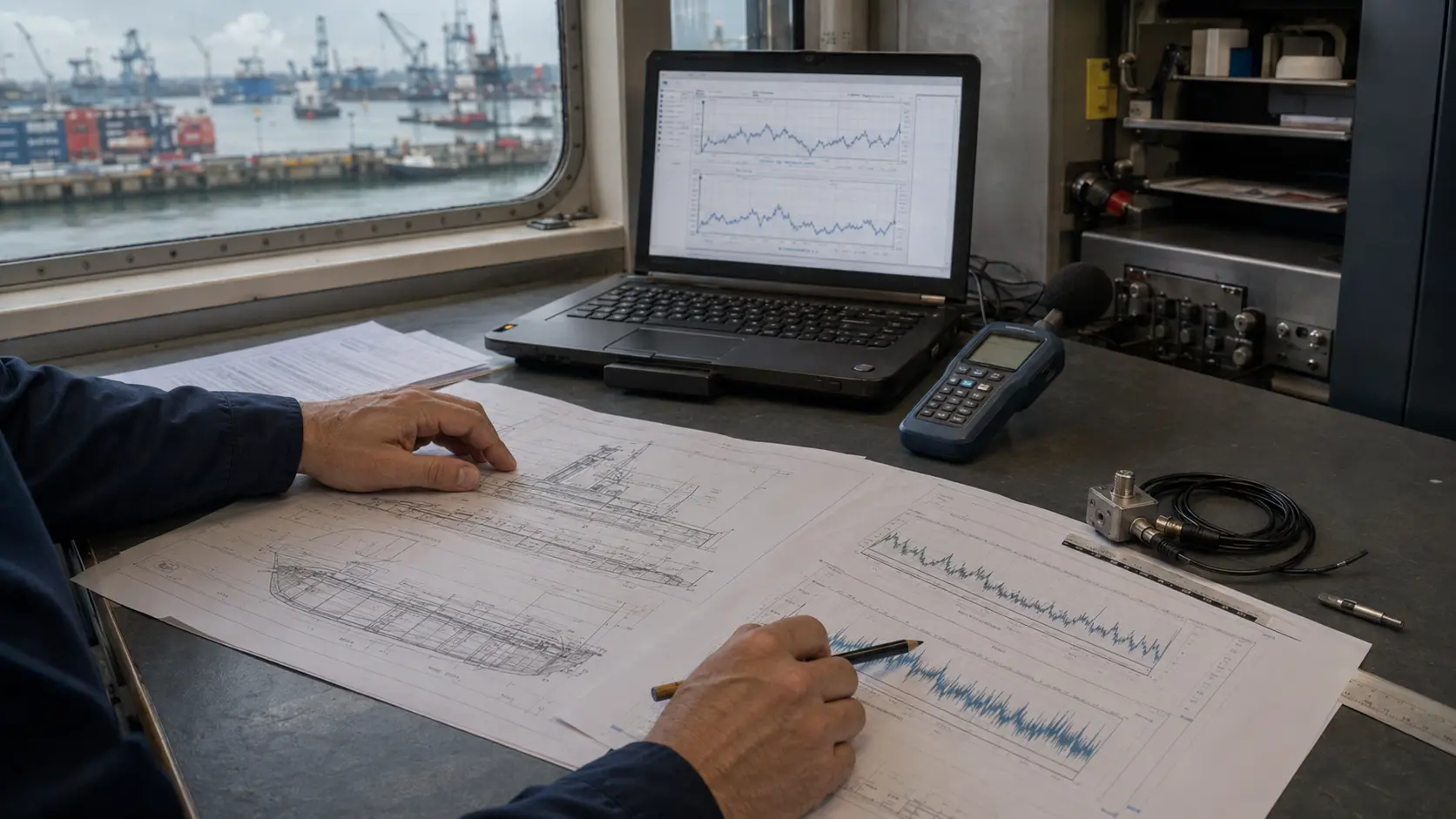 Marine engineer reviewing vessel drawings and diagnostic measurements