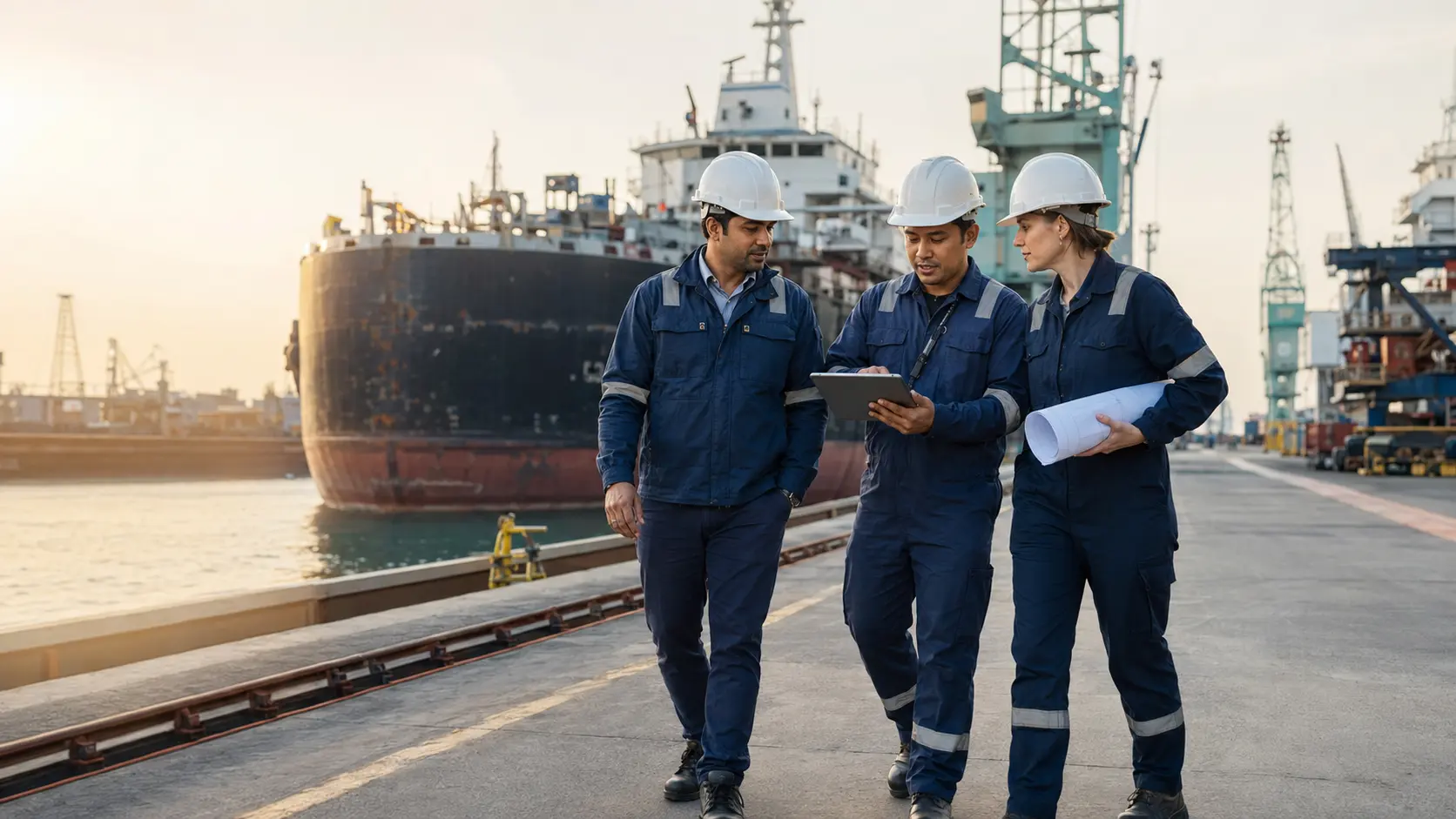 Multidisciplinary marine survey team reviewing vessel inspection information at a shipyard