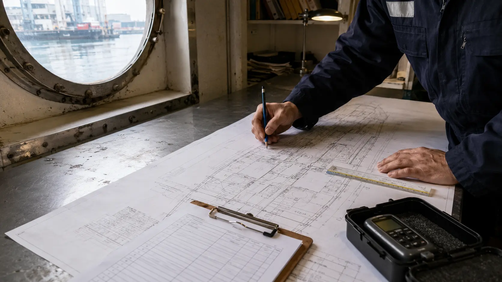 Marine engineer planning vessel-specific survey locations on a general arrangement drawing