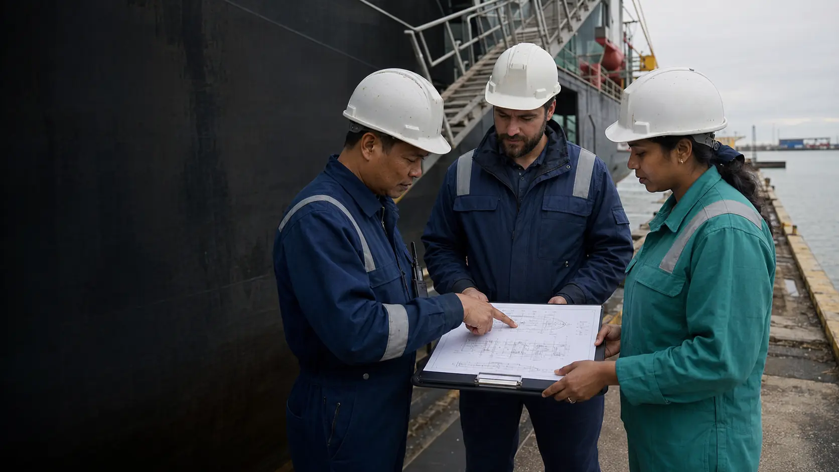 Marine specialists reviewing a vessel survey plan during a port-side technical briefing