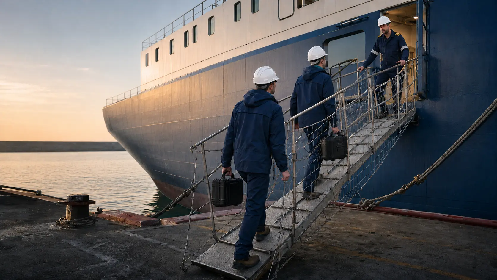 Marine survey engineers boarding a commercial vessel for a multidisciplinary onboard survey