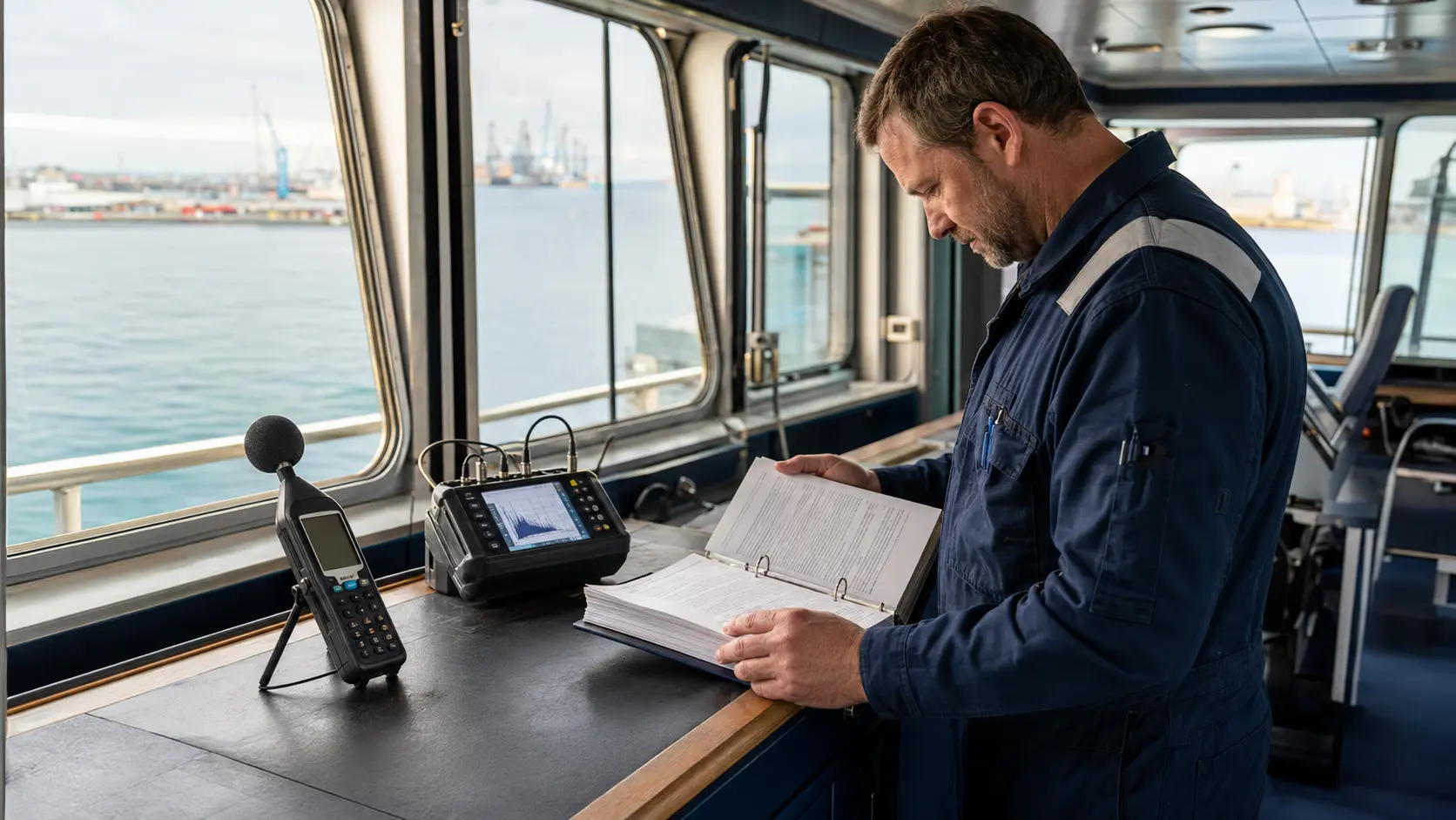Marine surveyor checking vessel survey standards and calibrated measurement equipment on the bridge
