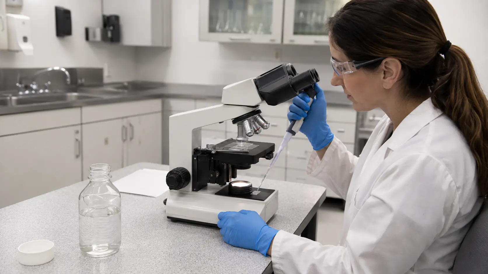 Environmental laboratory analyst examining a ballast-water sample by microscopy