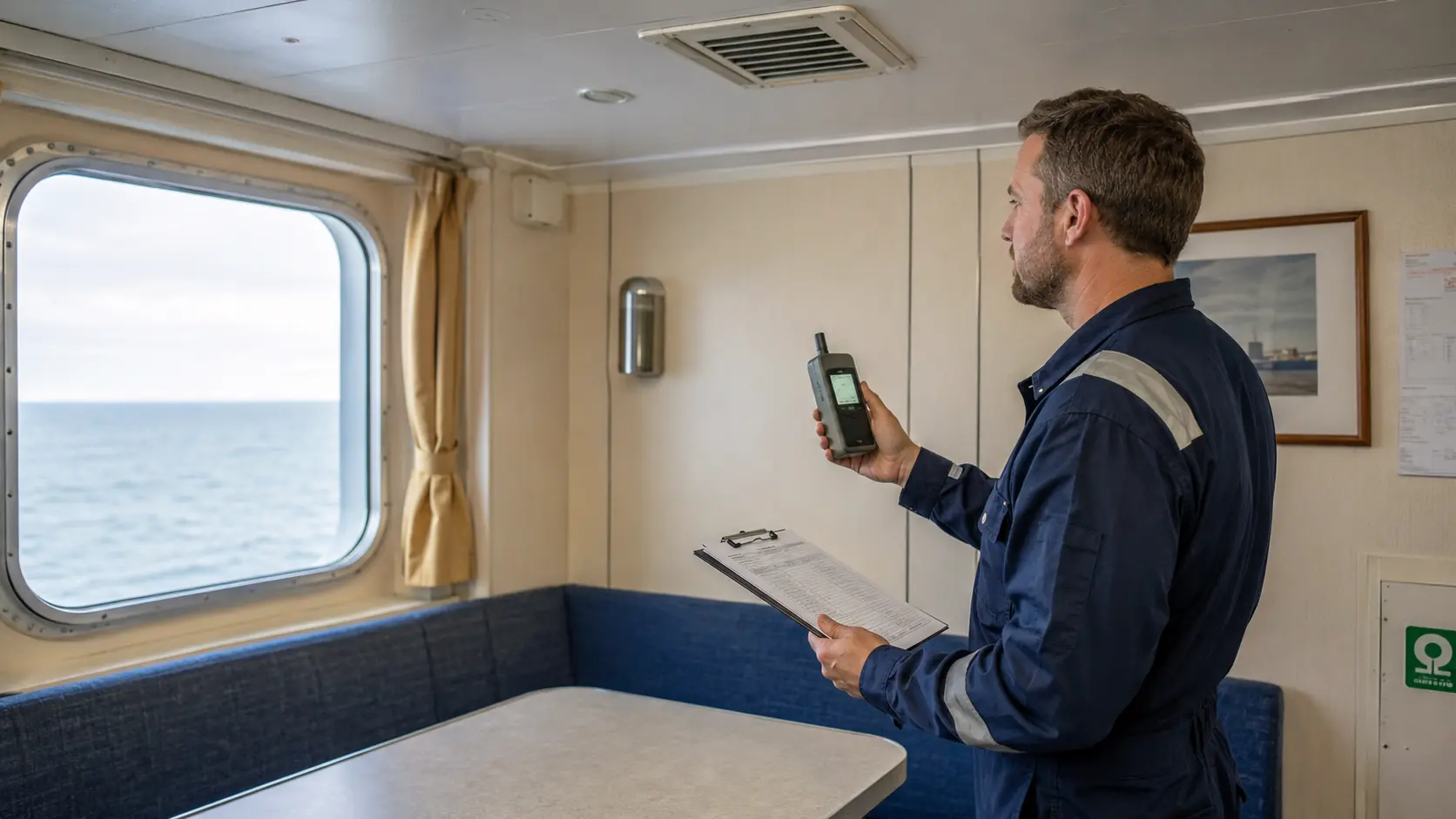 Marine environmental technician testing indoor air quality in a vessel cabin