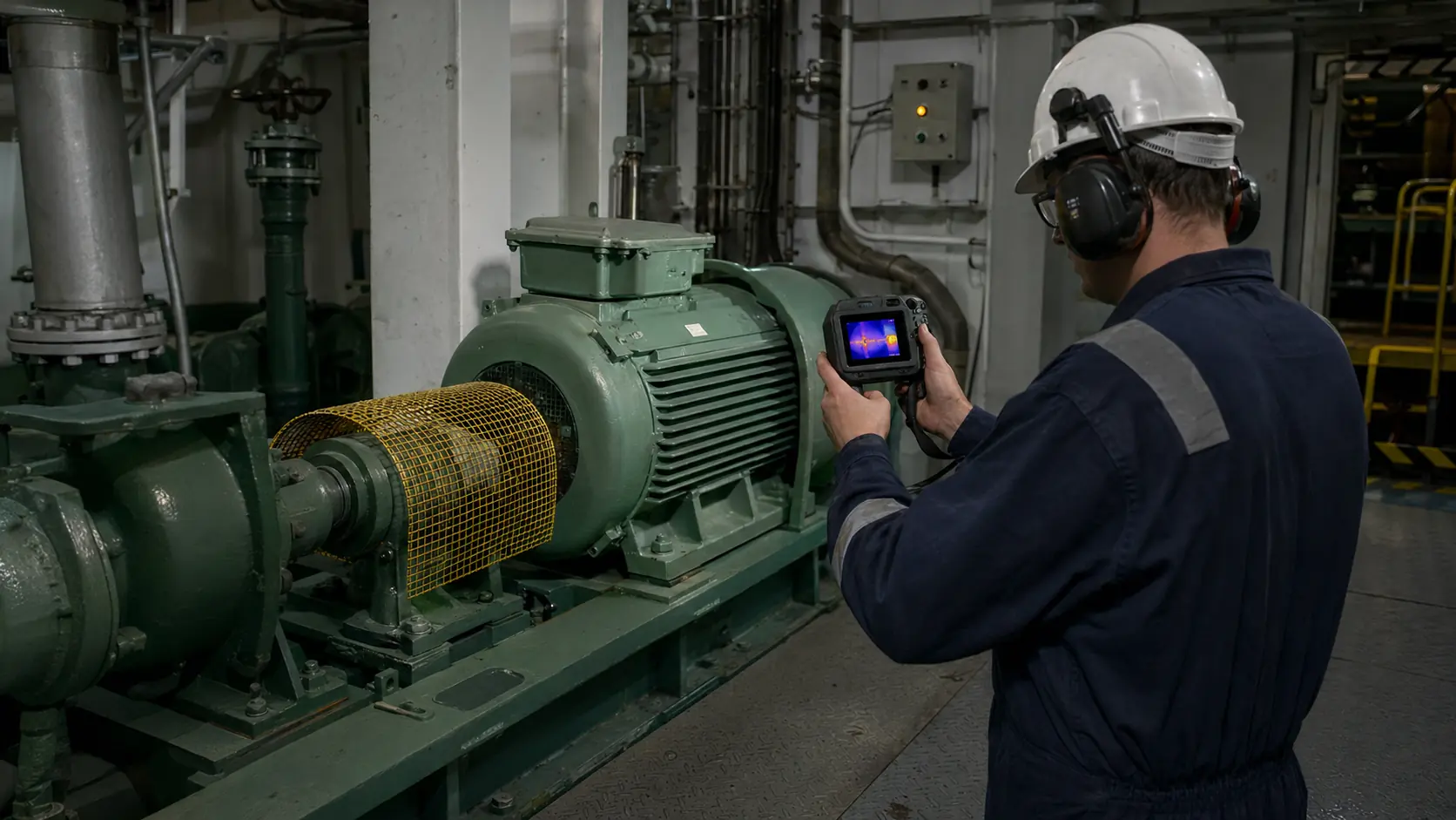 Marine technician conducting infrared condition monitoring on a motor and pump