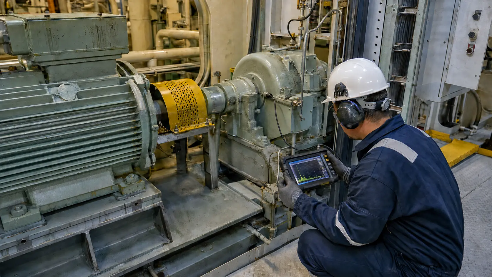Marine vibration technician analysing a propulsion motor and gearbox bearing