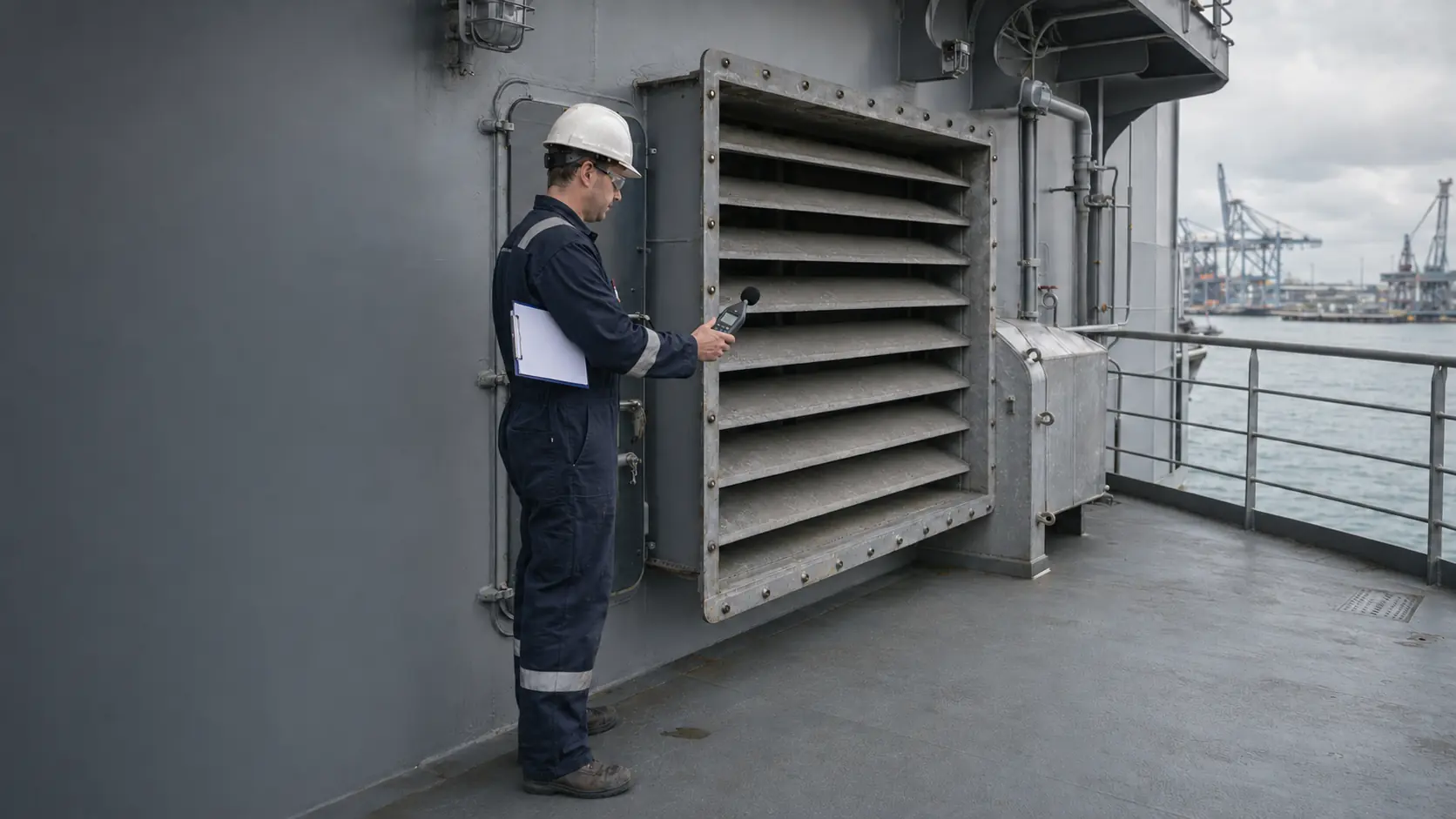 Marine acoustic technician measuring airborne noise at an operating vessel ventilation louvre