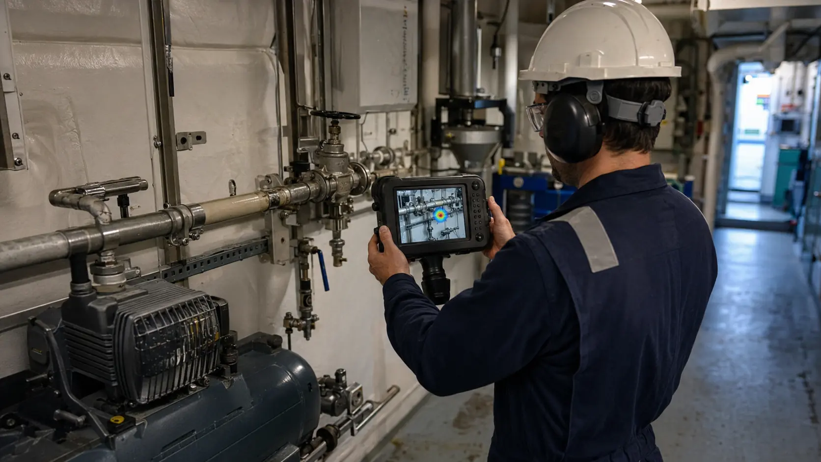 Marine specialist locating a machinery noise source with an acoustic imaging camera