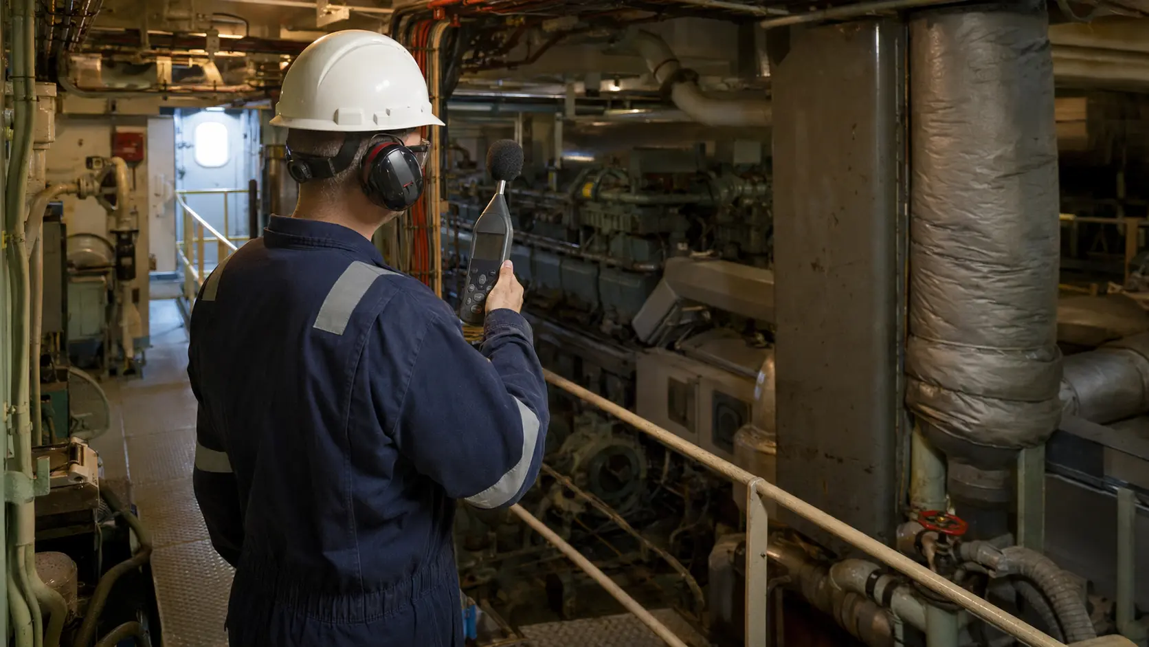 Marine acoustic surveyor measuring onboard noise in a ship engine room