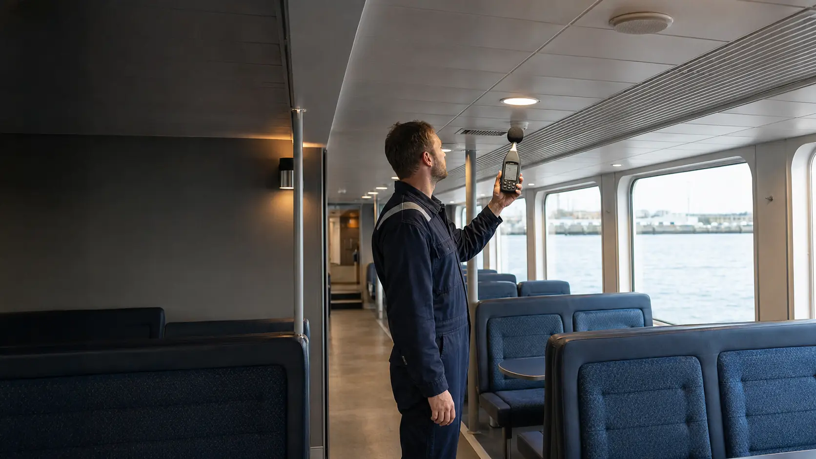 Marine acoustic technician measuring PA GA audibility in a passenger vessel lounge