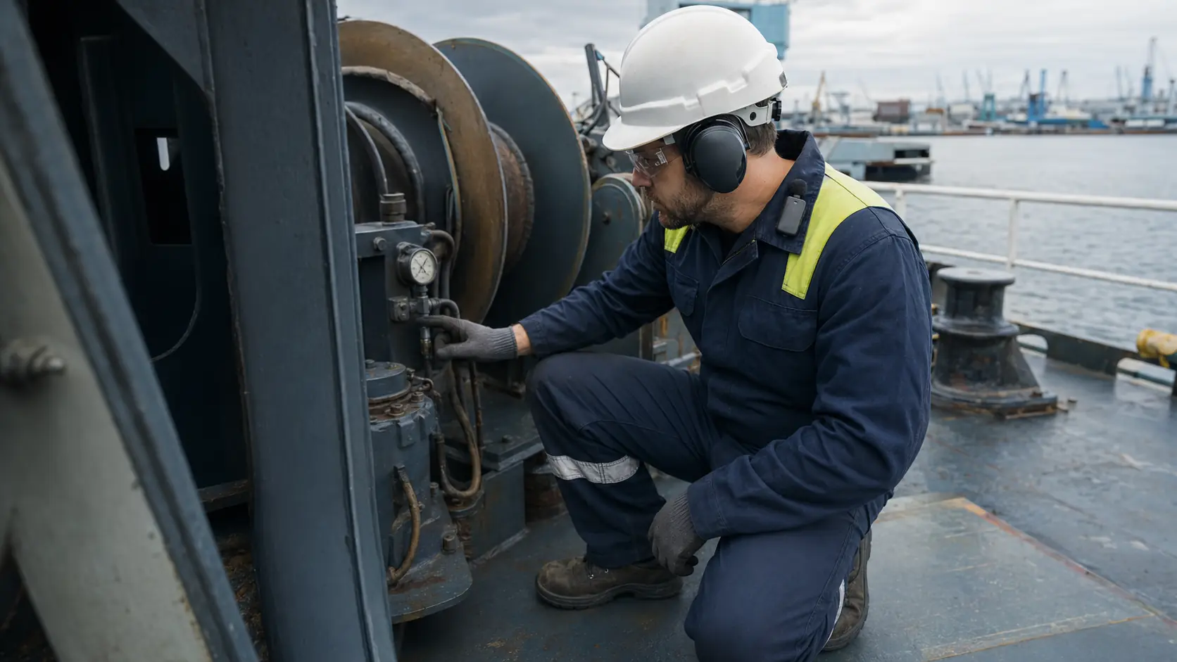 Deck crew member wearing a personal noise dosimeter during routine mooring winch inspection