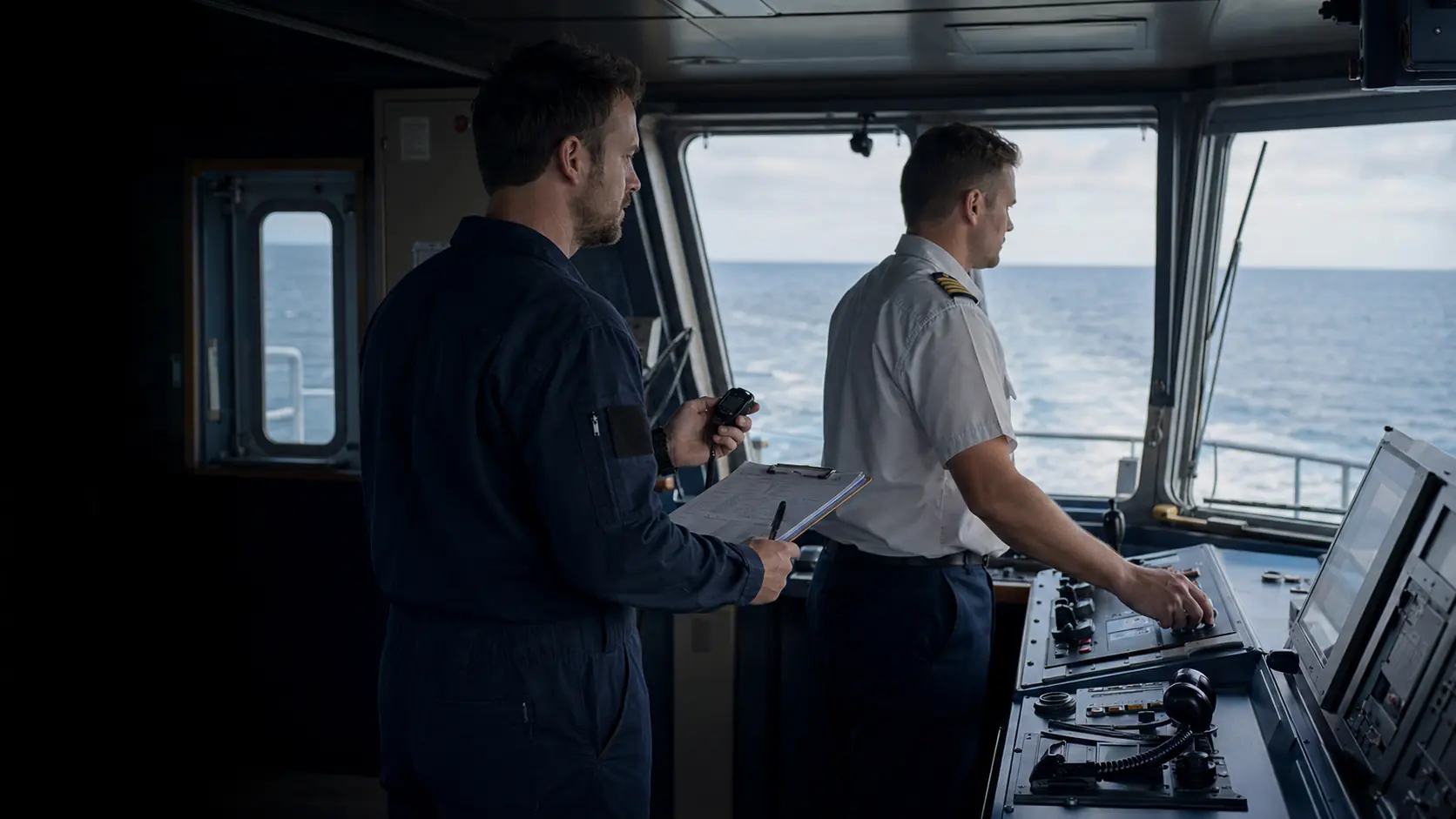 Marine survey engineer and deck officer conducting measurements during a vessel sea trial