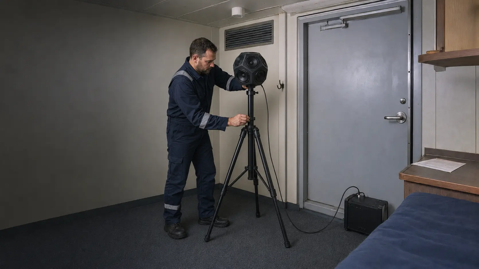 Marine acoustic technician positioning an omnidirectional sound source for onboard insulation testing