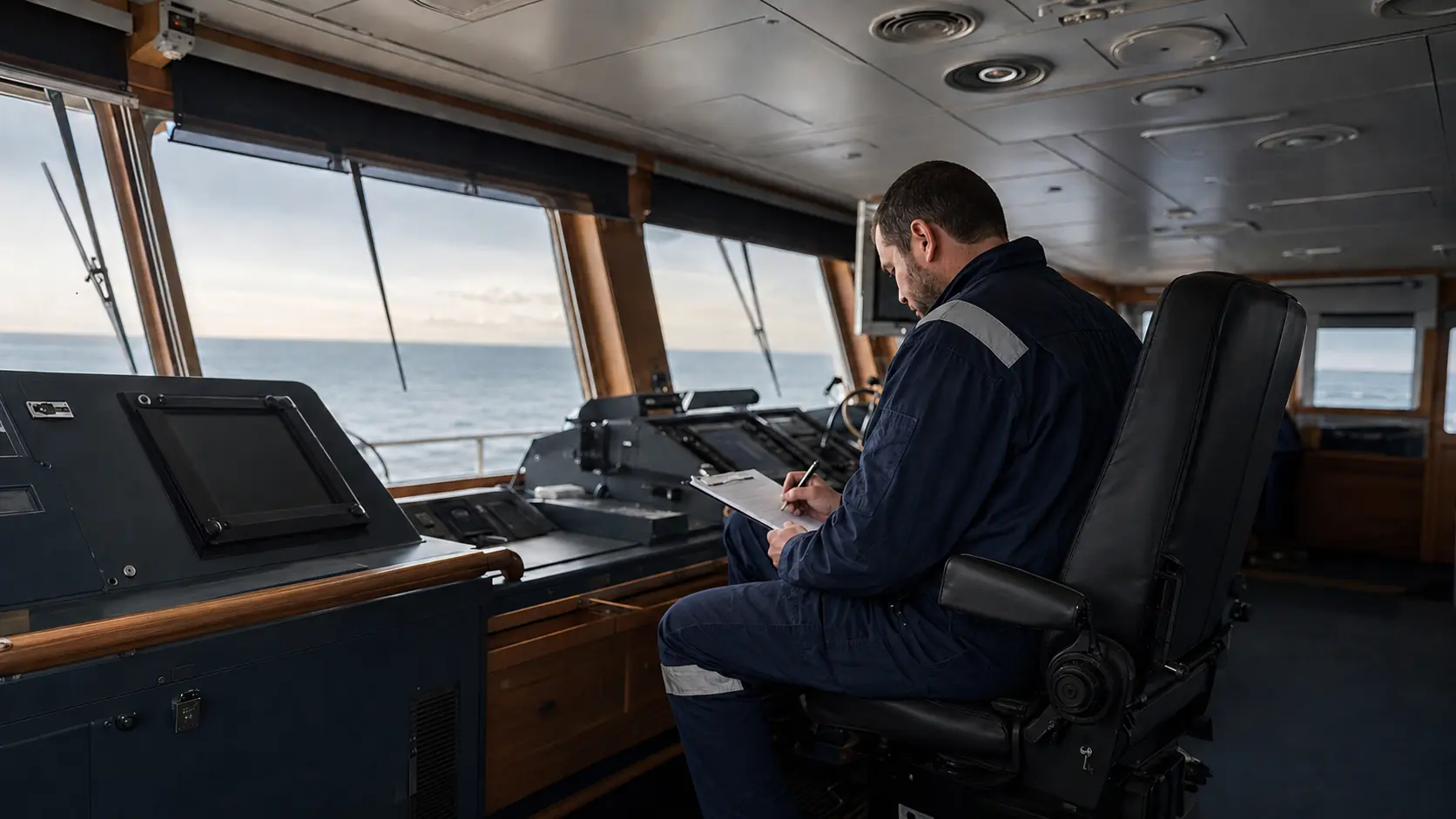 Marine surveyor documenting thermal comfort conditions on a vessel bridge