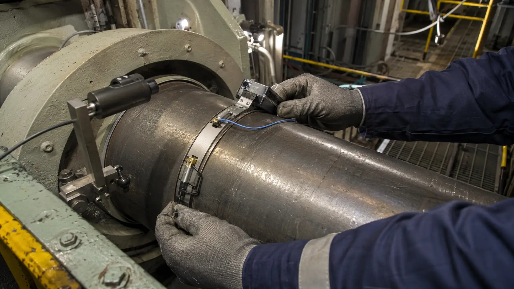 Marine engineer installing torsional vibration telemetry on a propulsion shaft