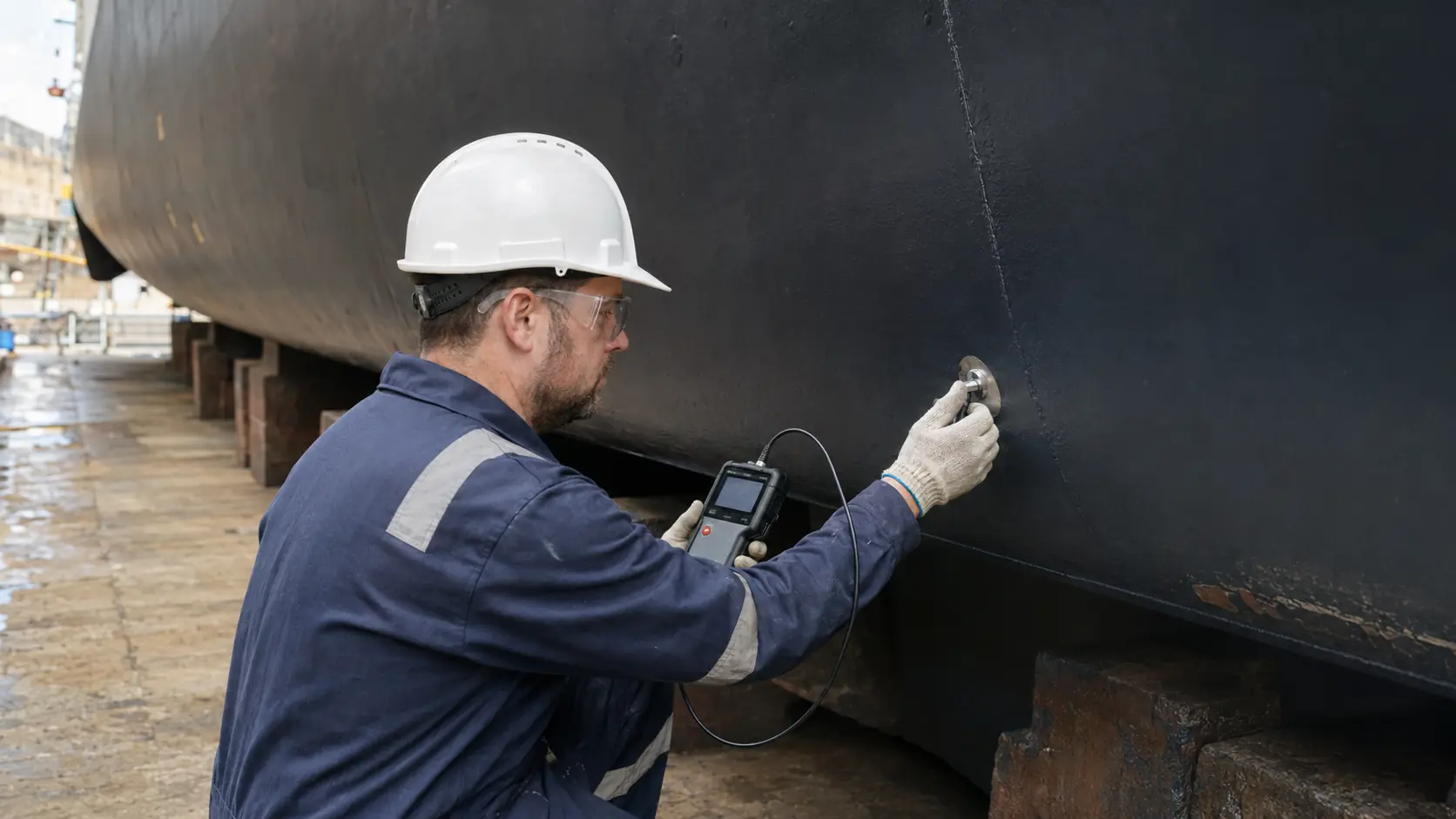 Marine NDT surveyor measuring hull-plate thickness in dry dock