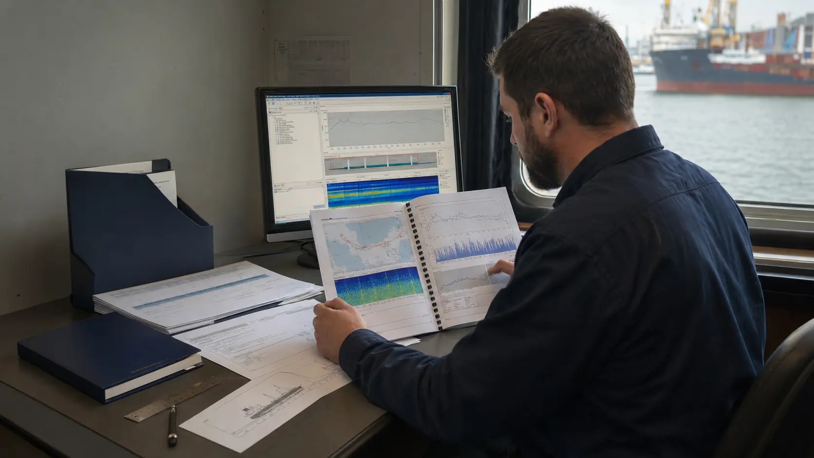 Marine acoustic analyst reviewing underwater radiated noise survey reports and vessel passage data