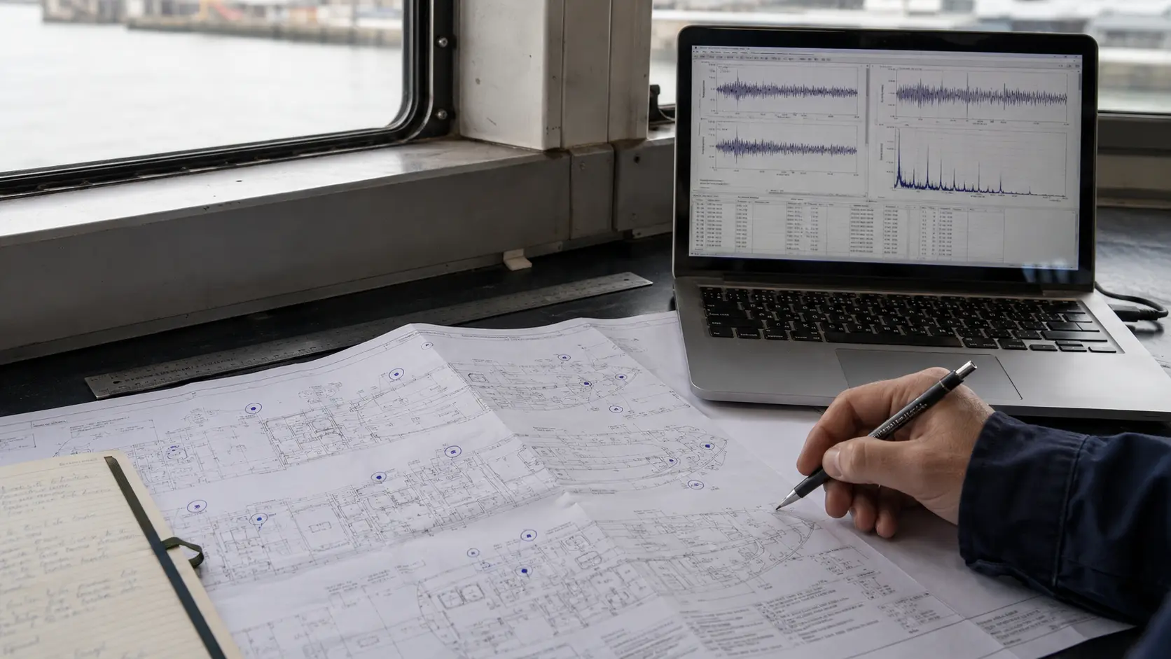 Marine engineer reviewing whole-body vibration software and vessel GA plans